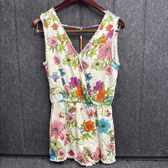 White and Pink Floral V-Neck Jumpsuit with Elastic Waist - Picture 1 of 6